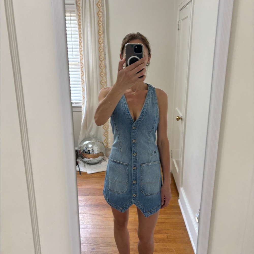 We The Free Light Blue Denim V-Neck Button Mini Dress
